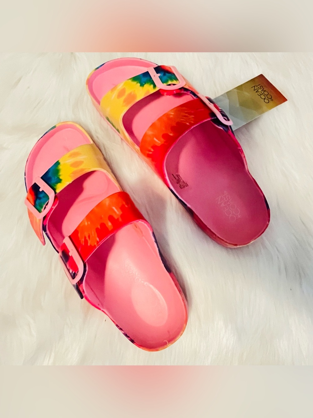 Ocean Coast Women’s Pink Tie-Dye Double Buckle Slide Sandals, Slip-On Size 10 - Picture 2 of 7